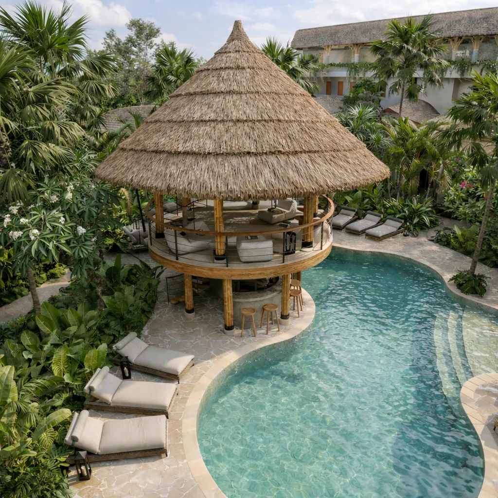 A drone view of Kima Surf Camps in Uluwatu, with private bungalow rooms surrounding a main pool.
