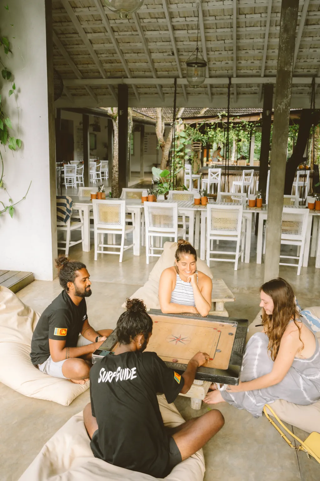 Guests at our Kima Surf camp in Weligama playing games with surf guides