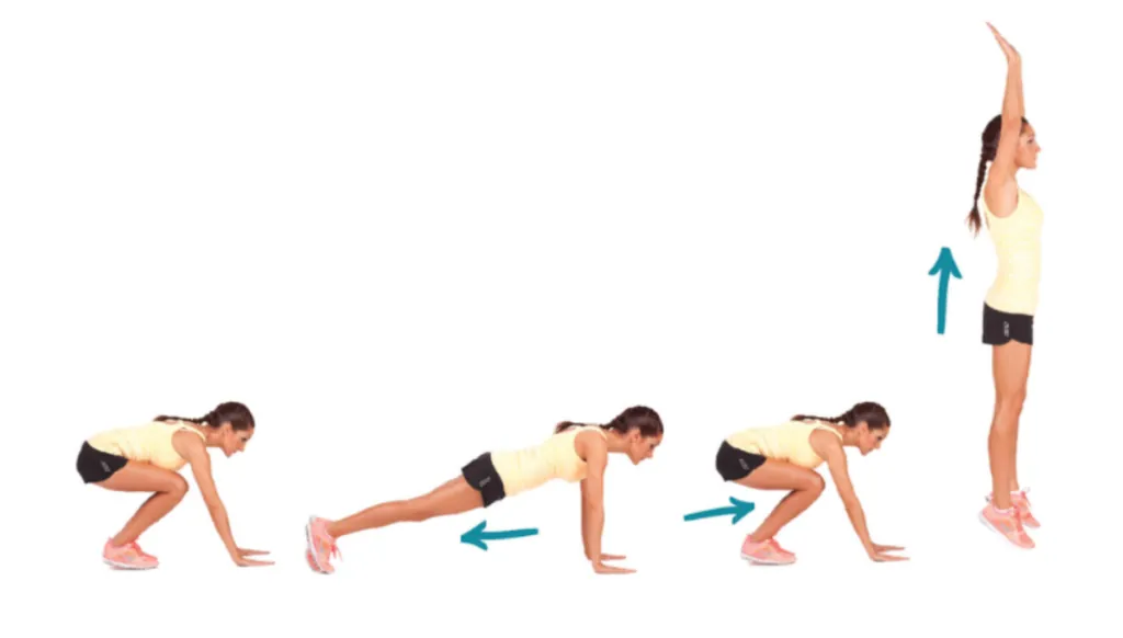 a series of a women performing a burpee, step by step