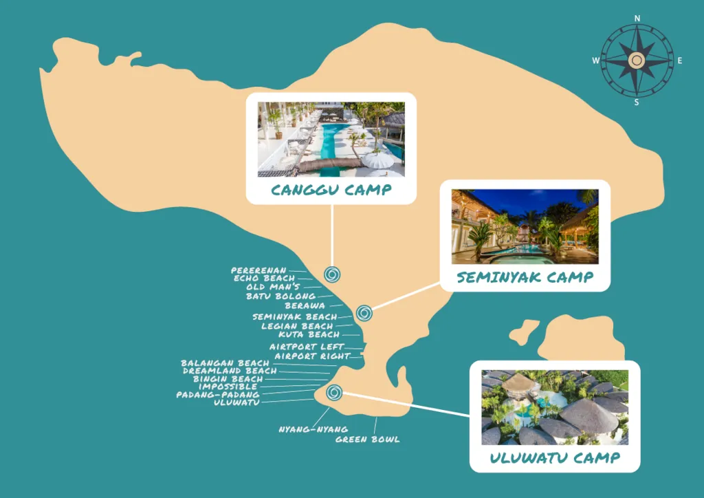 A map of Bali's west and southwestern coastline, showing where the Kima Surf Camps are located and the waves.