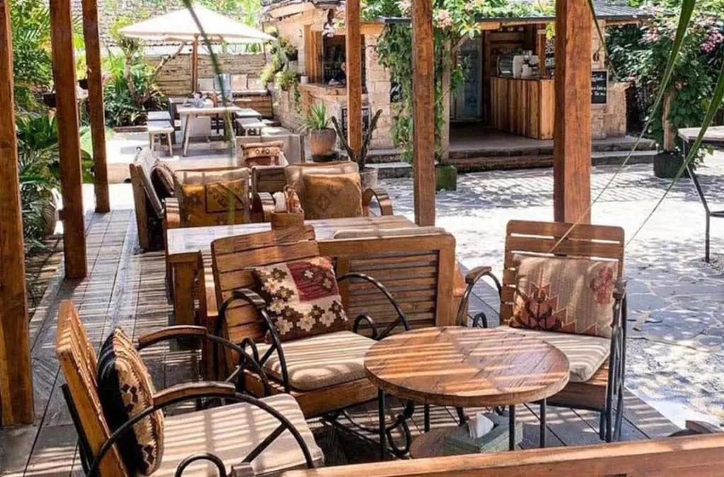 wooden chairs and tables in cashew tree