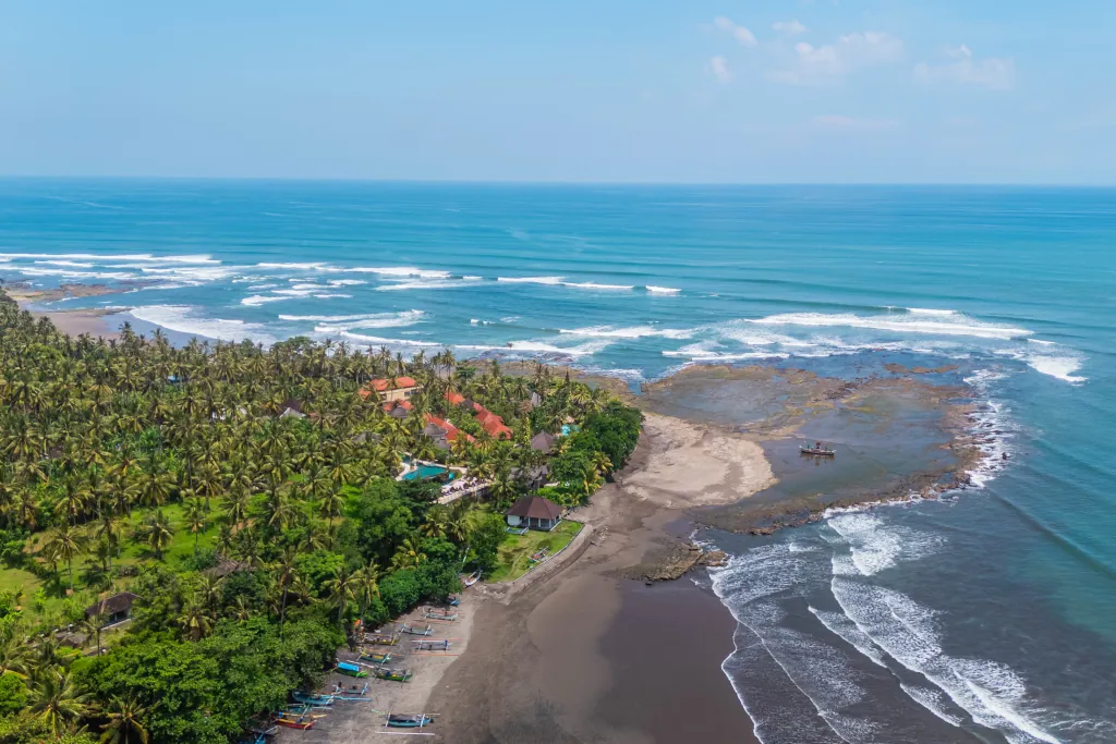 drone shot of medewi's beach and waves