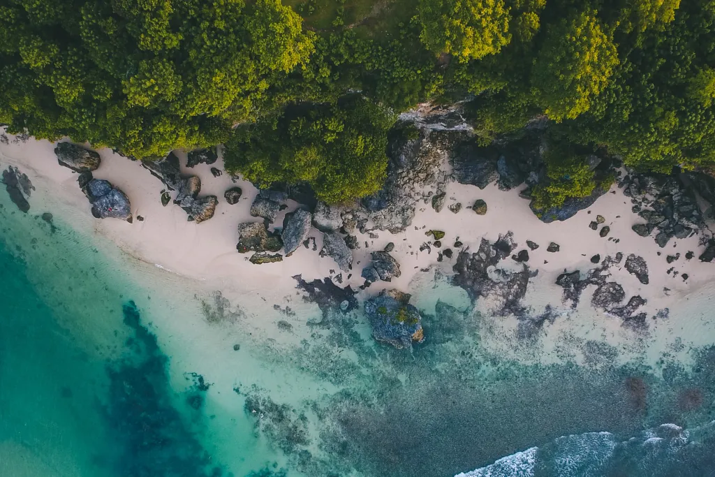 a drone shot of Balis beautiful beaches