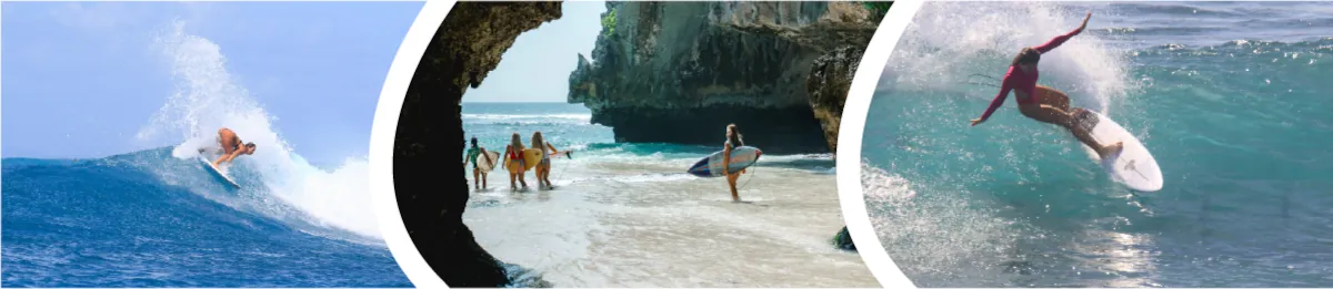 3 images side by side, first one of a female on a longboard, second image of 4 female surfers walking out to the ocean and the third image a female surfer performing a cutback on a wave