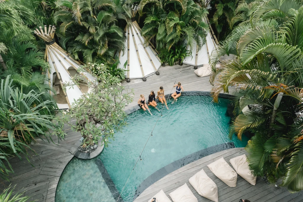 a drone pic of the swimming pool in Seminyak