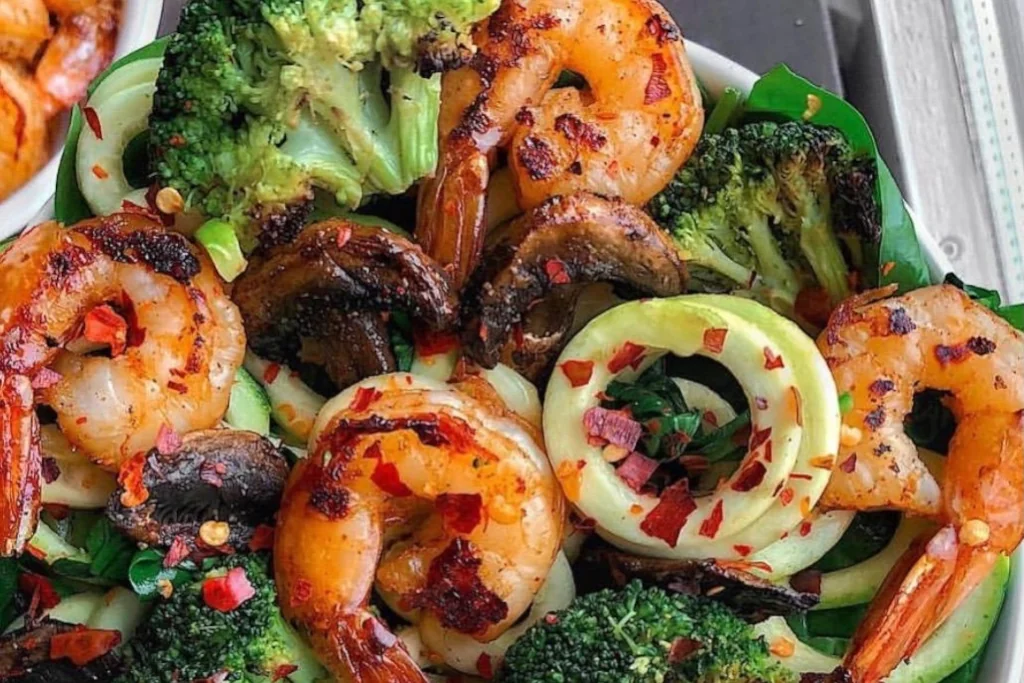 A meal with prawns and vegetables